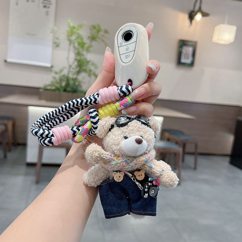 cute plush teddy bear keychain, scarf, overalls, Korean-style keychain, plush keychain, teddy bear accessory, small plushie, bag charm, gift for teen, Australian fashion accessoryv - Blue - Size 1