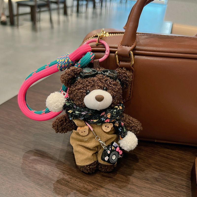 cute plush teddy bear keychain, scarf, overalls, Korean-style keychain, plush keychain, teddy bear accessory, small plushie, bag charm, gift for teen, Australian fashion accessoryv - Mocha - Size 1