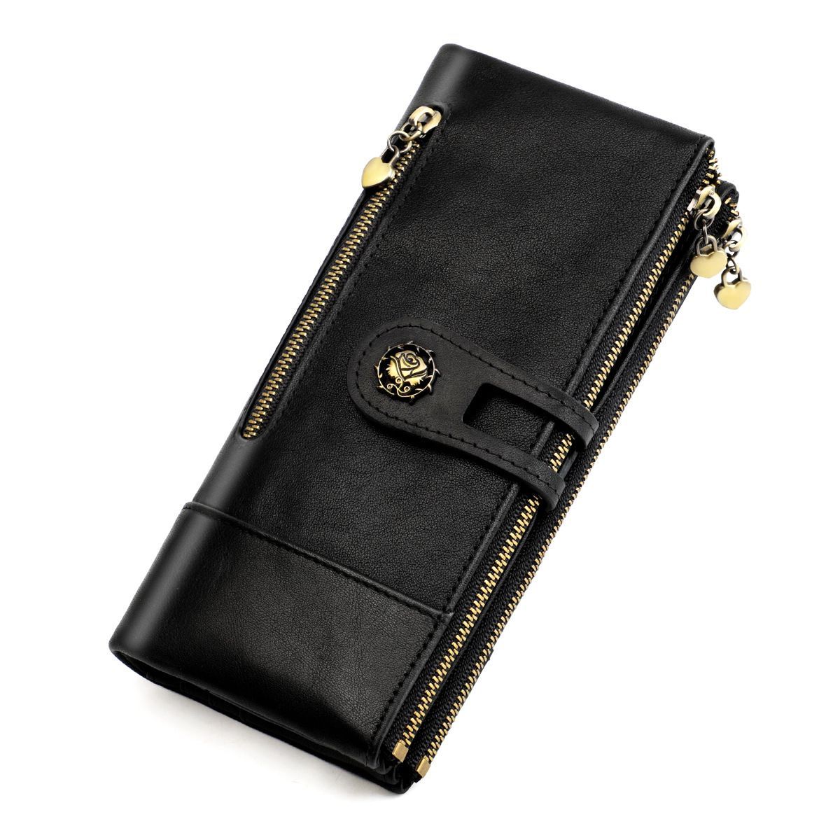 women's leather wallet, anti-skimming wallet, retro style wallet, Korean fashion wallet, long wallet for women, ladies accessory, RFID blocking wallet, genuine leather clutch - Black - Size L