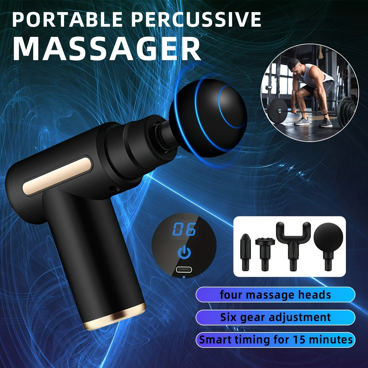 **Portable Deep Tissue Massager | 6-Speed & 4 Heads & 15-Min Timer｜Professional Muscle Recovery, Anytime Anywhere**