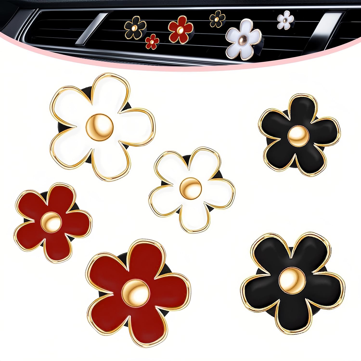 6 Pack Colorful Daisy Flower Car Air Vent Clips Car Air Outlet Freshener Clip for Car Interior Decoration Accessories (Black, White, Red)