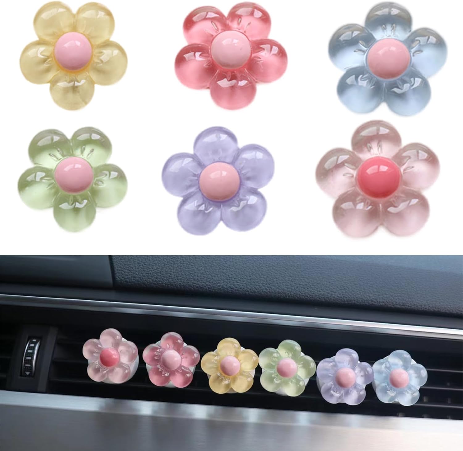 6 Pieces Car Accessories for Women, Flower Vent Clamp Air Conditioner Socket Decoration Car Interior Pendant, Various Colors