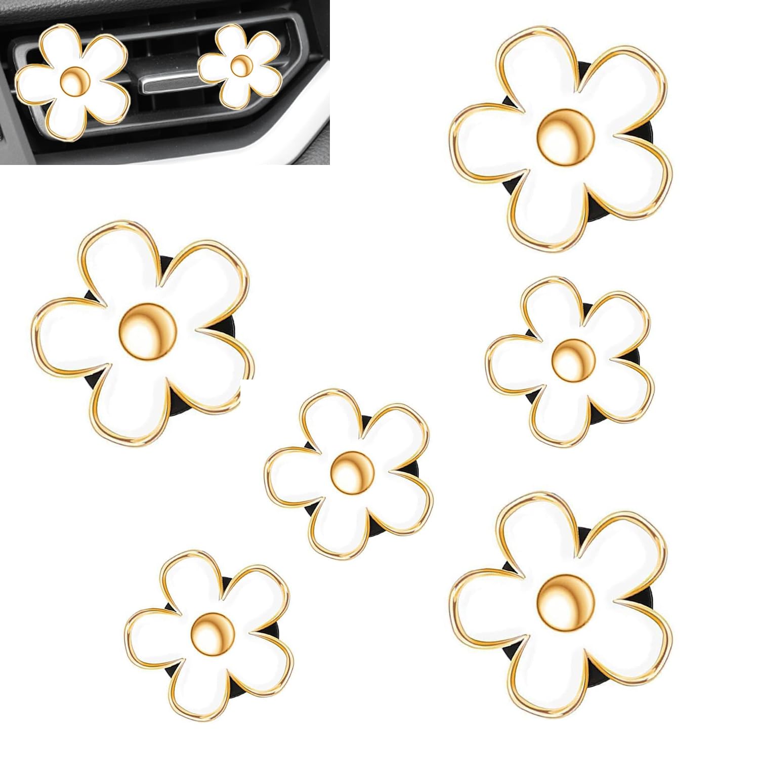 6 PCS Car Air Vent Clips White Daisy Flower Car Air Freshener Clip Air Conditioning Outlet Clip for Car Interior Decoration Accessories (2 Size)