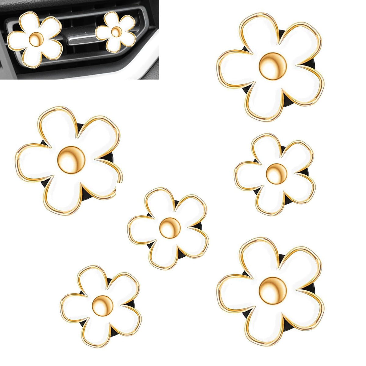 6 PCS Car Air Vent Clips White Daisy Flower Car Air Freshener Clip Air Conditioning Outlet Clip for Car Interior Decoration Accessories (2 Size)