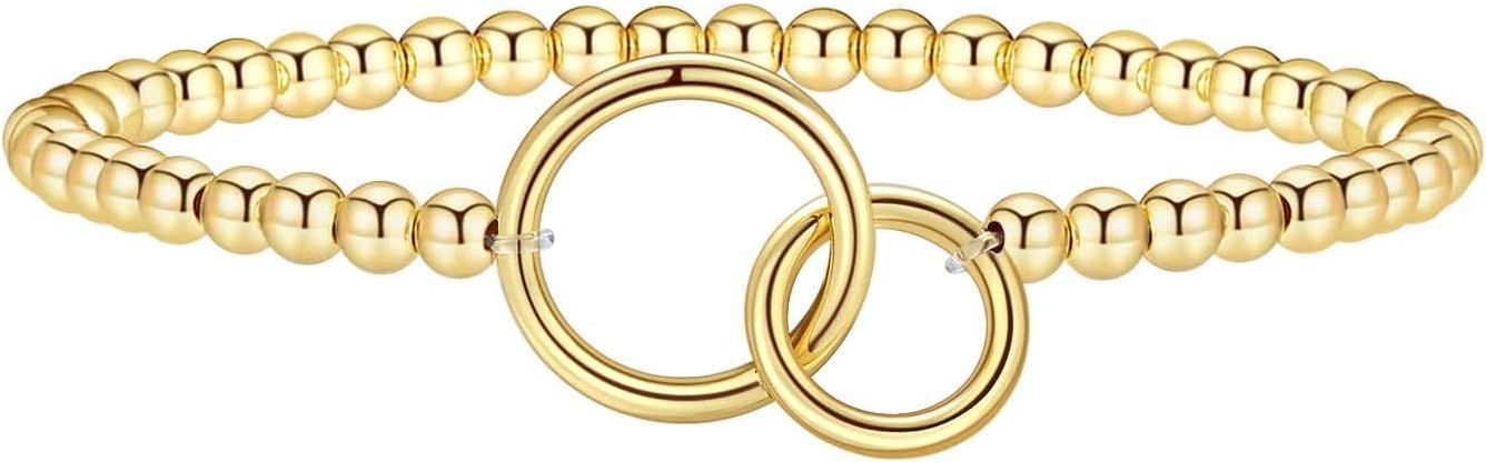 Women's Gold Bracelet 14K Gold Plated Beaded Bracelet Gold Stretch Beaded Bracelet Handmade Ball Bracelet Exquisite Gold Jewelry Gift
