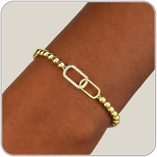 Women's Gold Bracelet 14K Gold Plated Beaded Bracelet Gold Stretch Beaded Bracelet Handmade Ball Bracelet Exquisite Gold Jewelry Gift
