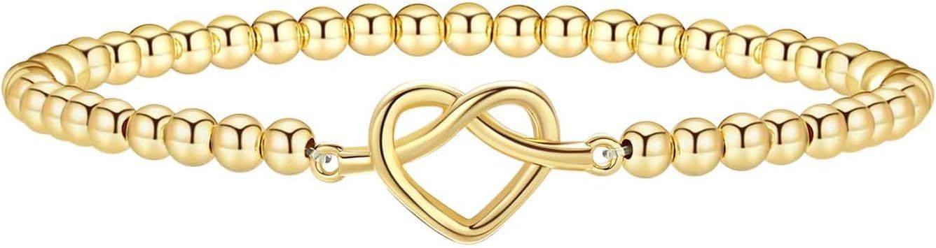 Women's Gold Bracelet 14K Gold Plated Beaded Bracelet Gold Stretch Beaded Bracelet Handmade Ball Bracelet Exquisite Gold Jewelry Gift