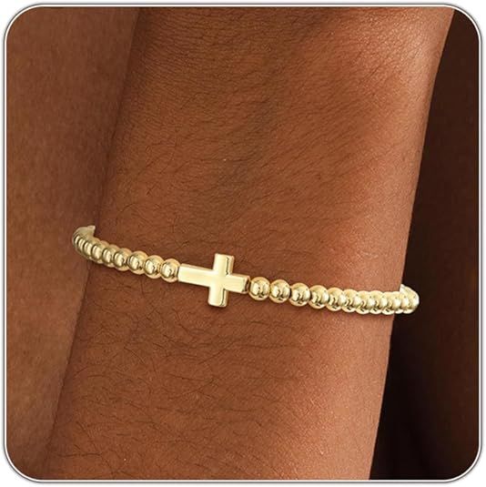 Women's Gold Bracelet 14K Gold Plated Beaded Bracelet Gold Stretch Beaded Bracelet Handmade Ball Bracelet Exquisite Gold Jewelry Gift