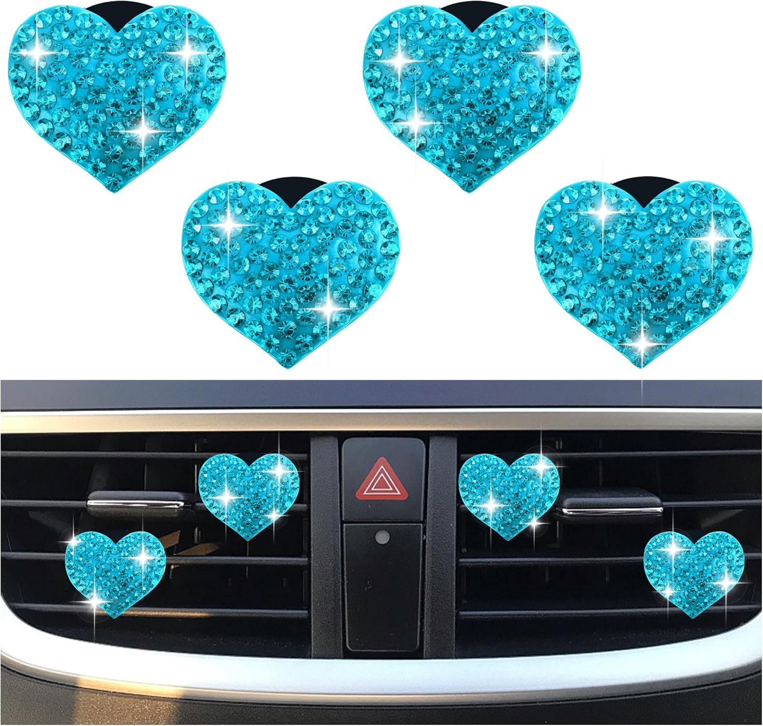  4PCS Heart-Shaped Car Vent Clips with Rhinestone,Bling Air Vent Clips Car Decorations,Premium Shiny Car Clips for Vents Accessories Interior (Lake Blue)
