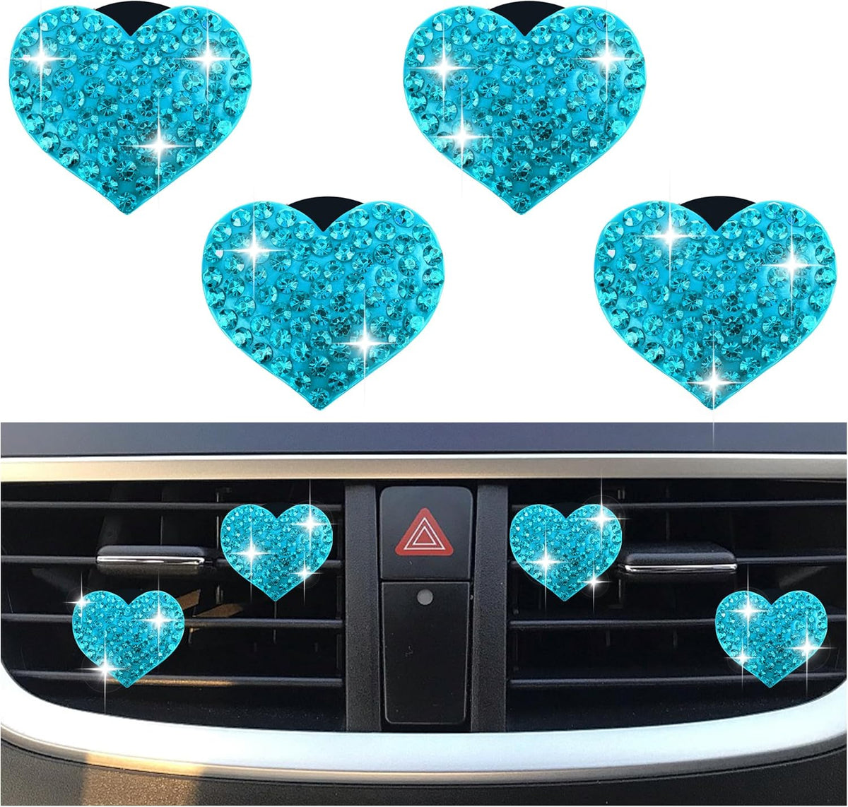  4PCS Heart-Shaped Car Vent Clips with Rhinestone,Bling Air Vent Clips Car Decorations,Premium Shiny Car Clips for Vents Accessories Interior (Lake Blue)