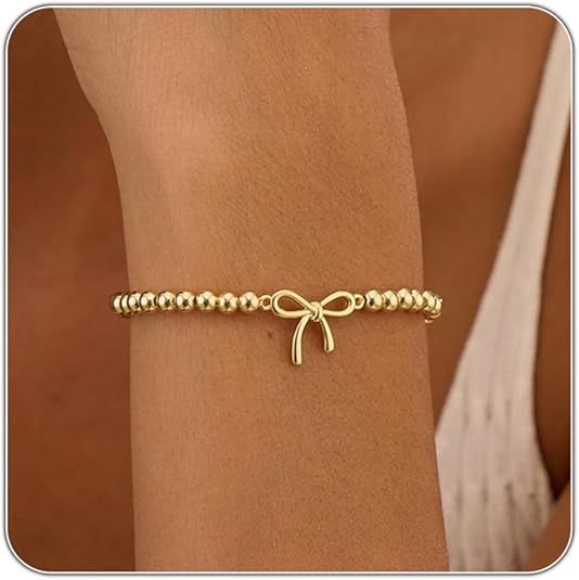 Women's Gold Bracelet 14K Gold Plated Beaded Bracelet Gold Stretch Beaded Bracelet Handmade Ball Bracelet Exquisite Gold Jewelry Gift
