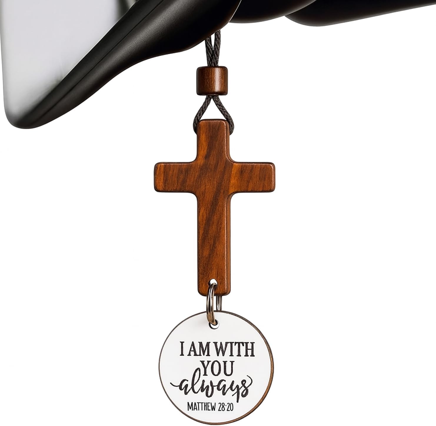 Daily Bible Verse Rearview Mirror Cross Ornament – Daily Scripture Car Pendant Cross with "I Am with You Always" Medallion (White)