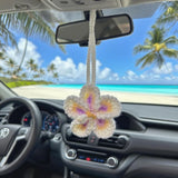 Hibiscus Car Ornaments, Crochet Hawaiian Tropical Flower Bag Charms Decoration Car Mirror Beach Accessories (White)
