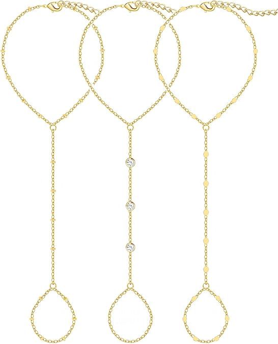 3PCS 14K Gold-Plated Hand Chain Bracelets for Women, Stack Bracelets Set Adjustable, Trendy Dainty Ring Bracelet Hand Chain