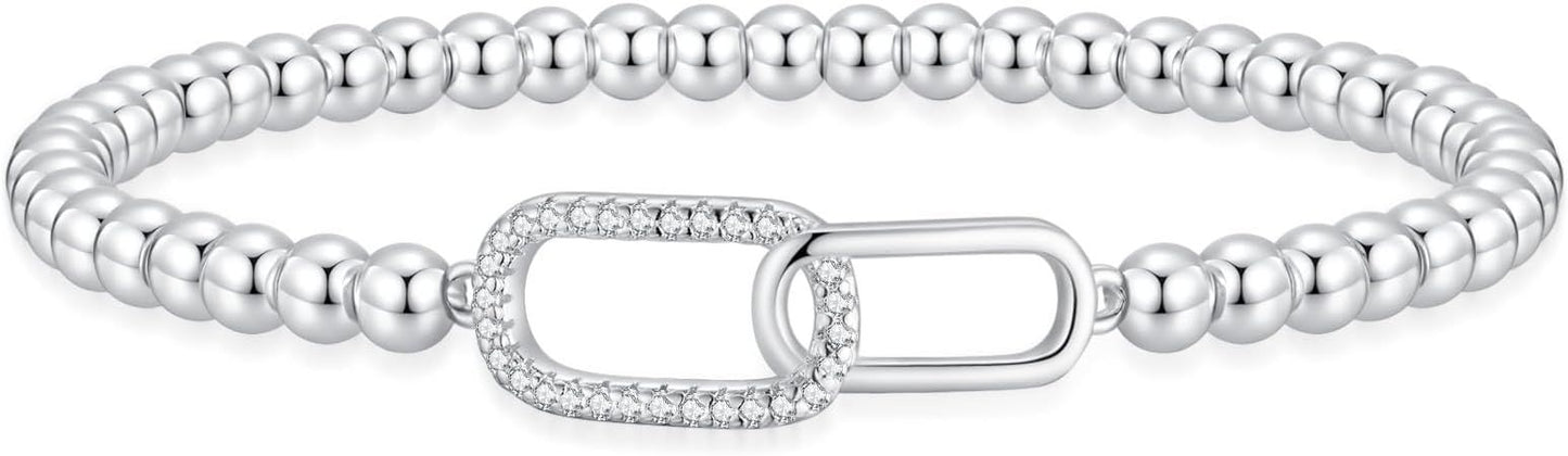 Women’s Silver Bracelet, Silver Elastic Beaded Bracelet, Handmade Ball Accent Bracelet, Elegant Silver Jewelry Gift.