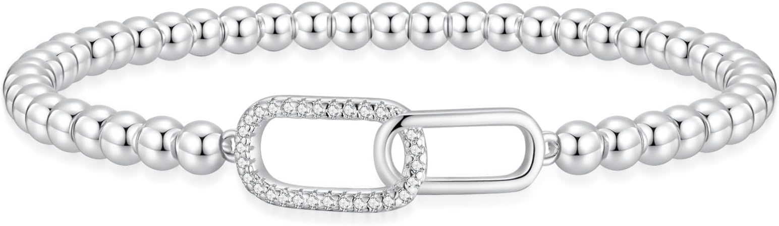 Women’s Silver Bracelet, Silver Elastic Beaded Bracelet, Handmade Ball Accent Bracelet, Elegant Silver Jewelry Gift.