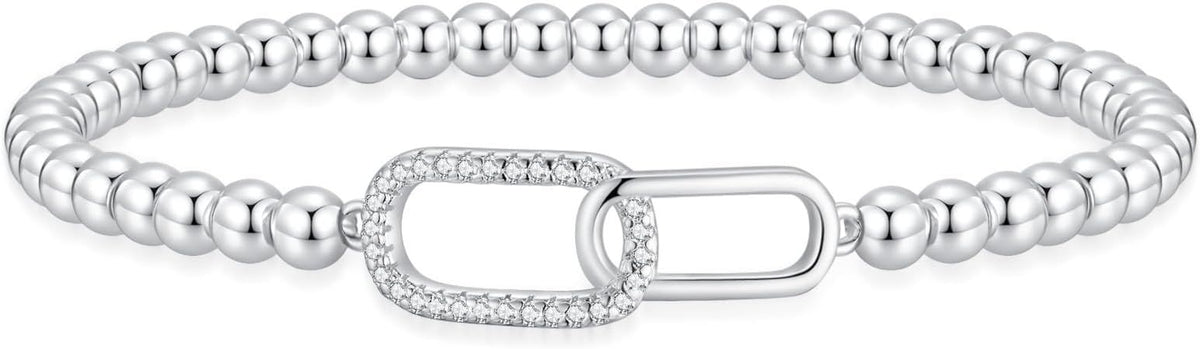 Women’s Silver Bracelet, Silver Elastic Beaded Bracelet, Handmade Ball Accent Bracelet, Elegant Silver Jewelry Gift.