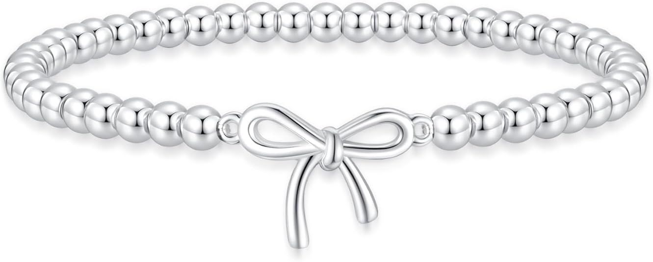 Women’s Silver Bracelet, Silver Elastic Beaded Bracelet, Handmade Ball Accent Bracelet, Elegant Silver Jewelry Gift.