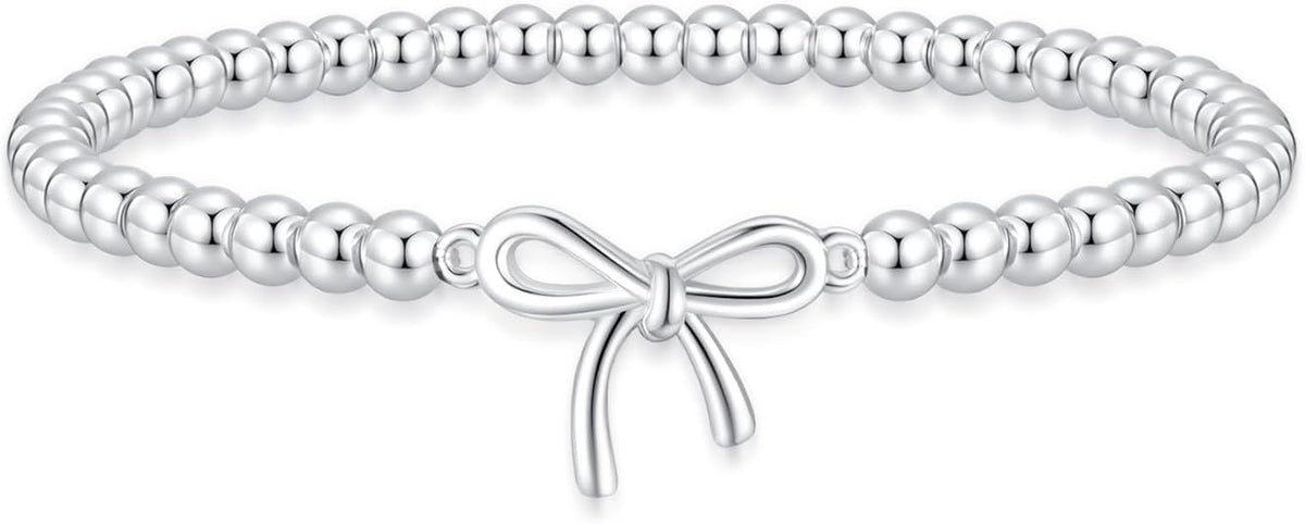 Women’s Silver Bracelet, Silver Elastic Beaded Bracelet, Handmade Ball Accent Bracelet, Elegant Silver Jewelry Gift.
