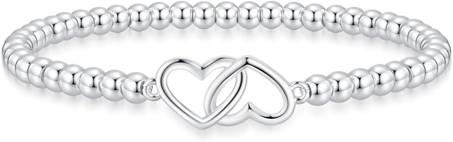 Women’s Silver Bracelet, Silver Elastic Beaded Bracelet, Handmade Ball Accent Bracelet, Elegant Silver Jewelry Gift.