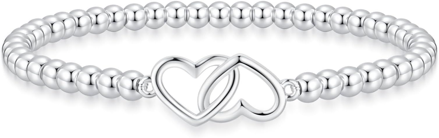 Women’s Silver Bracelet, Silver Elastic Beaded Bracelet, Handmade Ball Accent Bracelet, Elegant Silver Jewelry Gift.