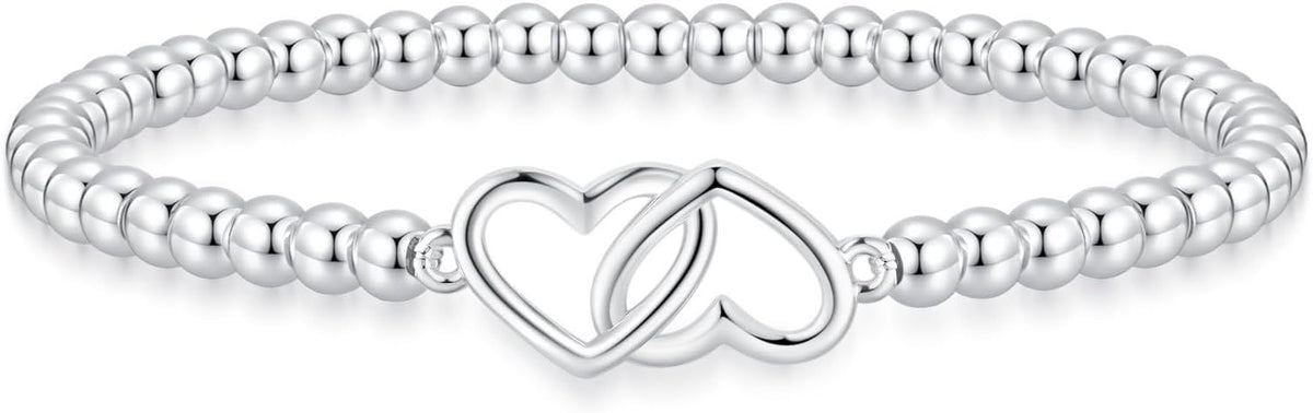 Women’s Silver Bracelet, Silver Elastic Beaded Bracelet, Handmade Ball Accent Bracelet, Elegant Silver Jewelry Gift.