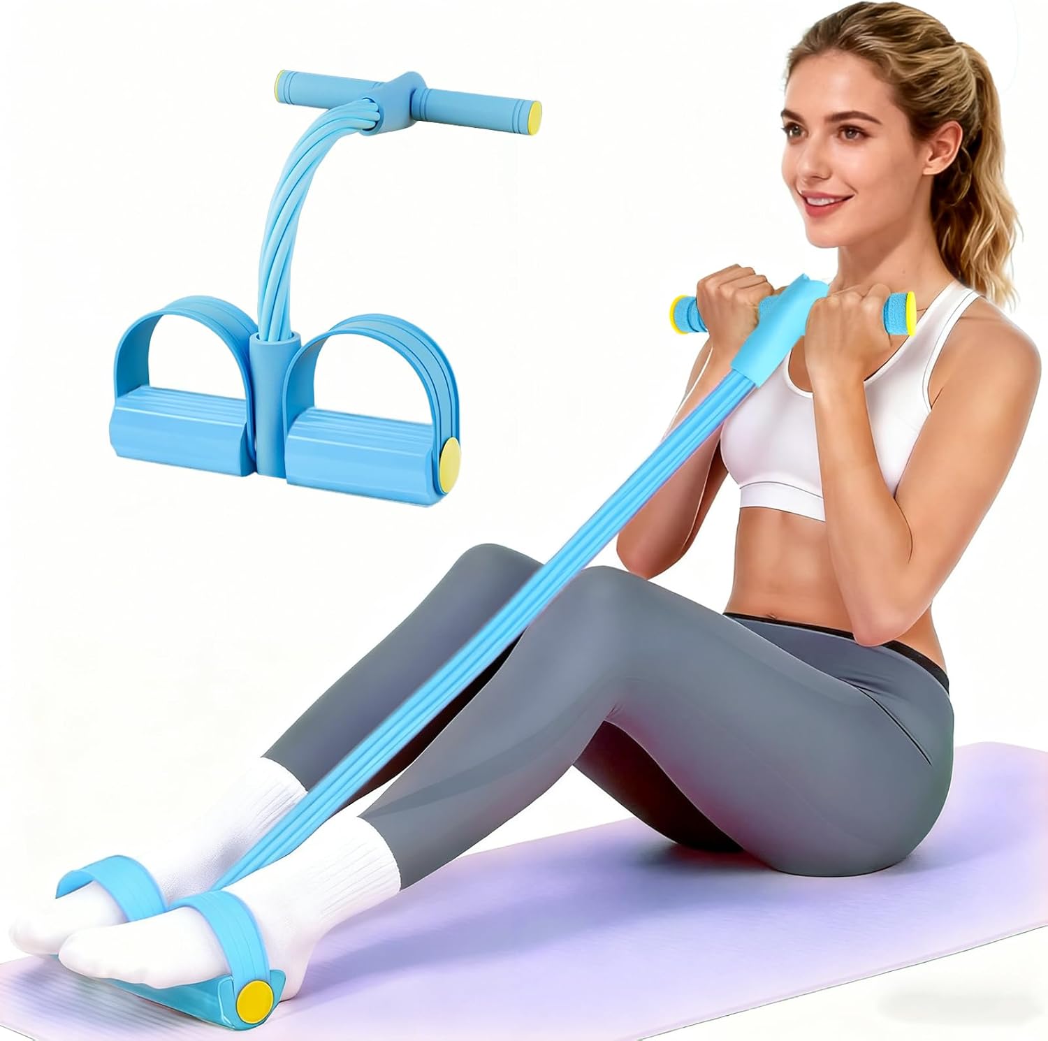Pedal Resistance Bands with Handles, Upgrade 6-Tubes Manual Tension Training Pedal, Natural Rubber Foot Pedal Resistance Bands, Multifunction Fitness Bands for Abdomen, Waist, Arm, Leg（Blue）