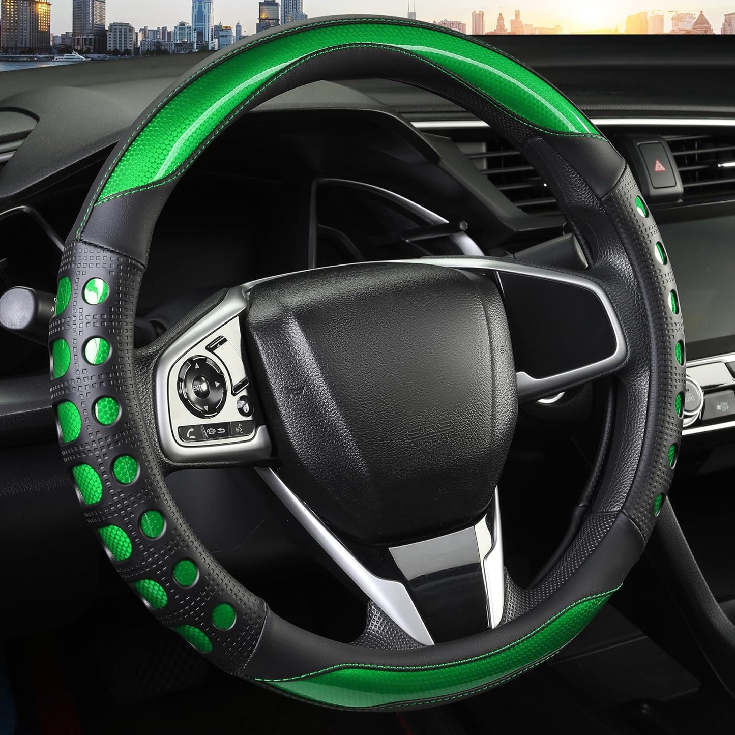 PU Leather Car Steering Wheel Sleeve with Non-Slip Grip, Suitable for Both Men and Women, Universal Fits 14.5-15 Inch Cars, Trucks, SUVs (Green (Round), Medium (Standard) Size [14 1/2-15 Inches]) )