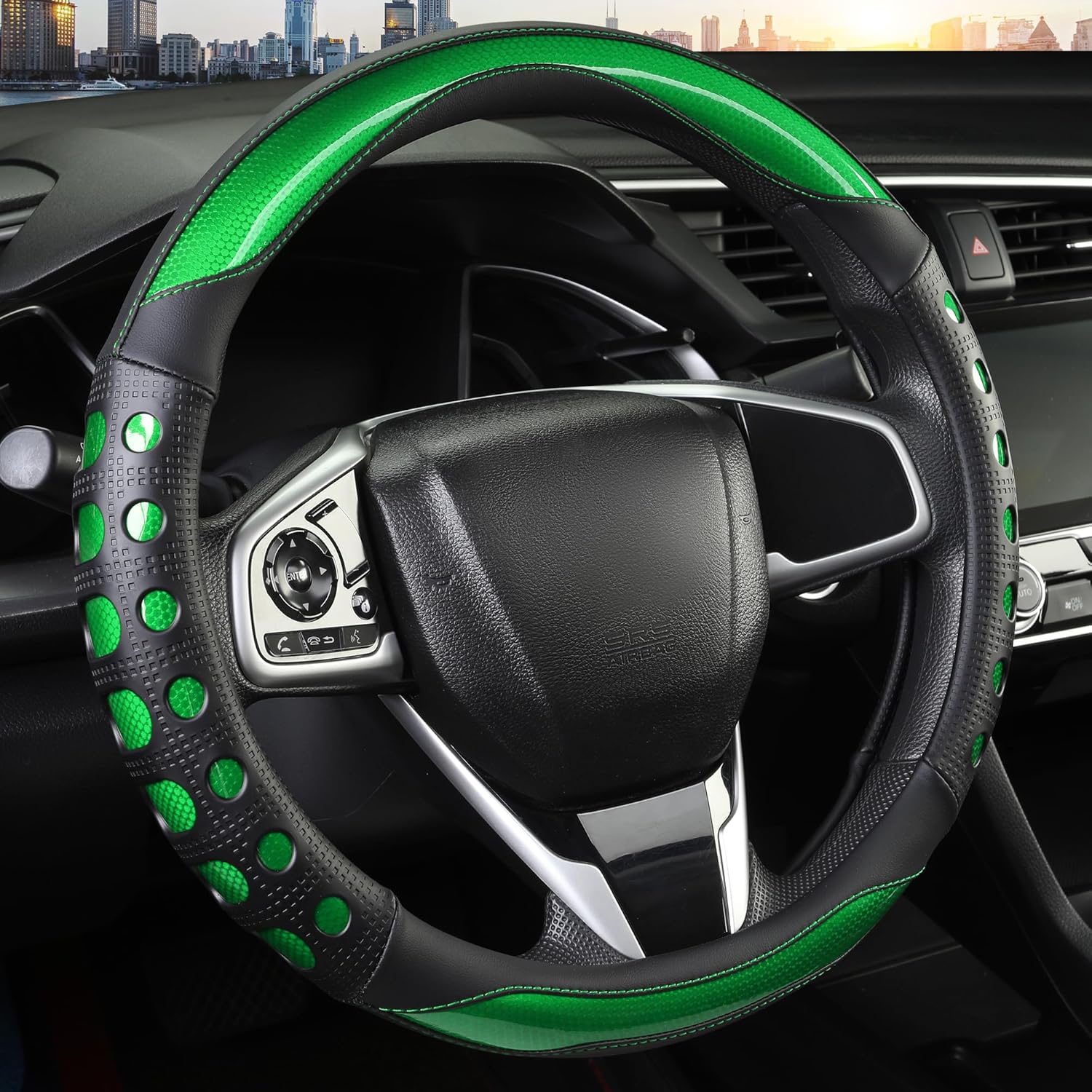 PU Leather Car Steering Wheel Sleeve with Non-Slip Grip, Suitable for Both Men and Women, Universal Fits 14.5-15 Inch Cars, Trucks, SUVs (Green (Round), Medium (Standard) Size [14 1/2-15 Inches]) )
