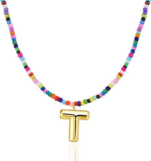 Colorful Initial Necklaces Graduation Gifts for Girls Kids Teens, 6-18 Year Old Girl Birthday Gift Teen Girl Gifts Trendy Stuff Gold Bubble Letter Pendent Necklace Jewelry（T)