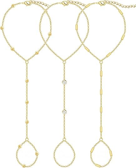 3PCS 14K Gold-Plated Hand Chain Bracelets for Women, Stack Bracelets Set Adjustable, Trendy Dainty Ring Bracelet Hand Chain