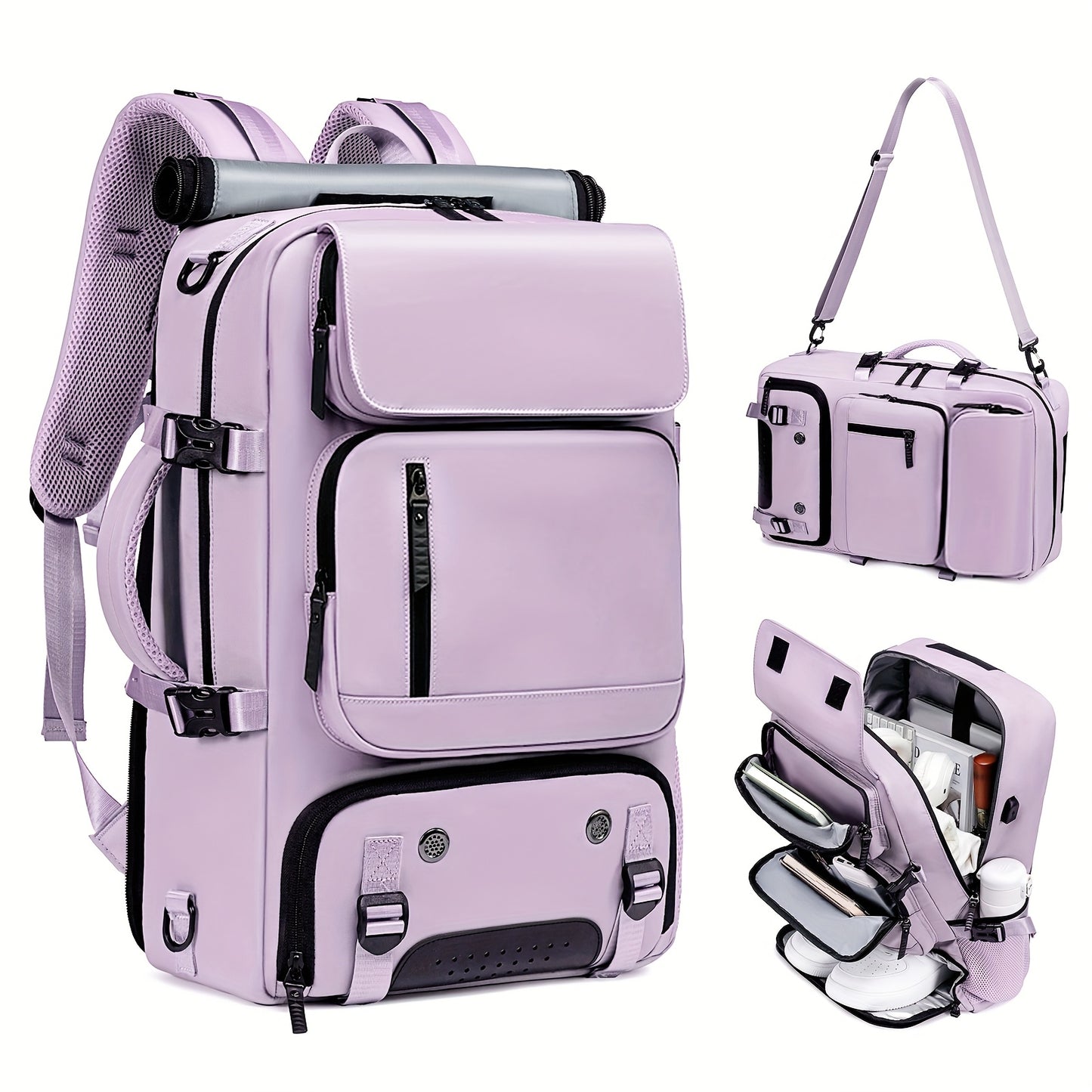 18.1-inch Easy-Travel Bag (46×30×16 cm): Four carrying modes in one bag, with independent shoe compartment and freely switchable hidden shoulder straps.(light purple）