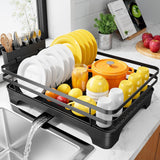 Dish Drying Rack - Multi-Functional Dish Rack for Kitchen Counter with Cutlery Holder, Rust-Proof Storage Solution with Rotatable,  Black