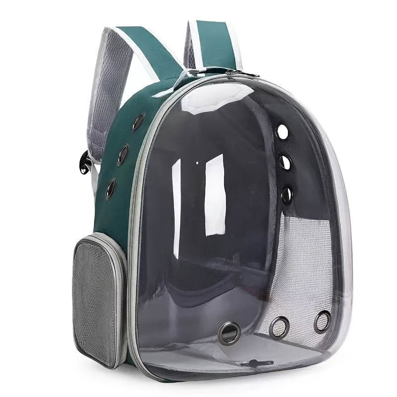 Green transparent pet backpack with side zipper and ventilation holes.
