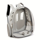 Grey transparent pet backpack with side opening and ventilation holes.