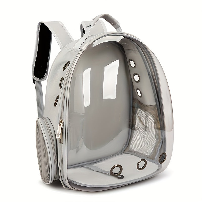 Grey transparent pet backpack with side opening and ventilation holes.
