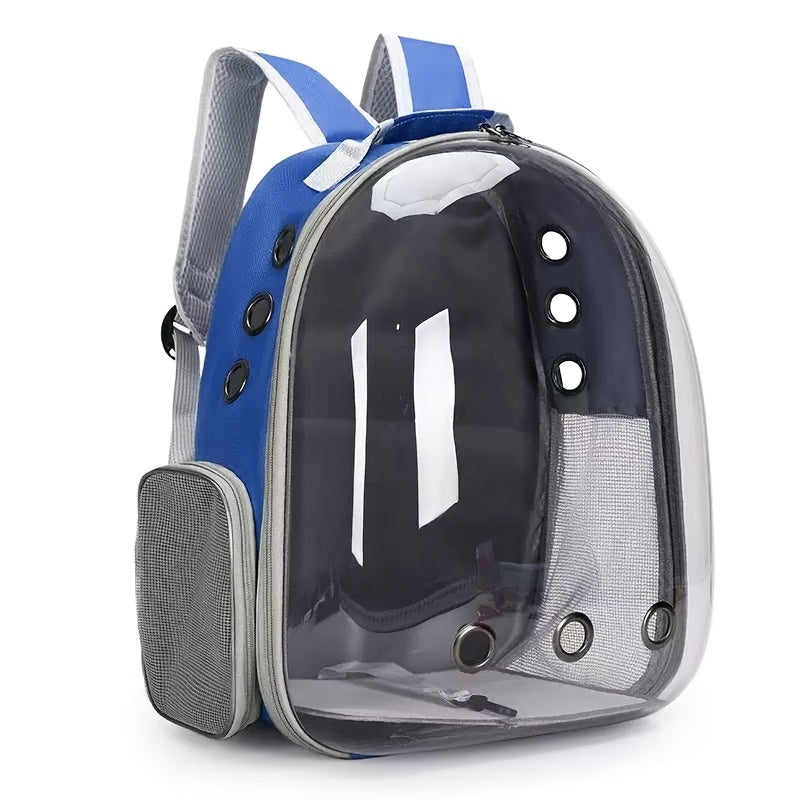 Blue transparent pet backpack with side zipper and ventilation holes.