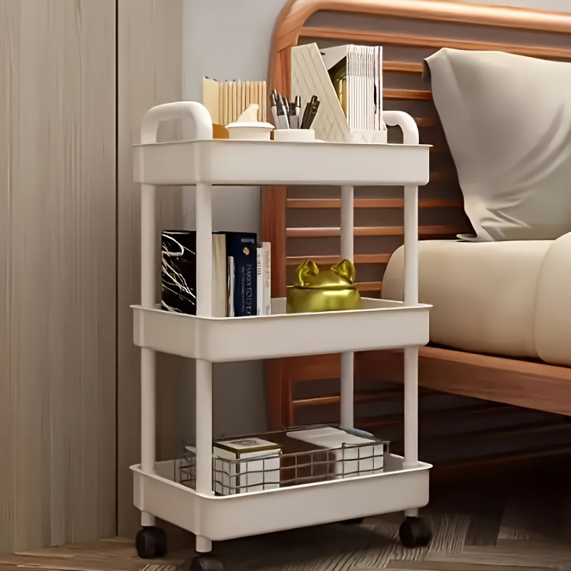 Three-Tier Rolling Cosmetics Storage Rack - Made of durable plastic, equipped with 360-degree swivel casters, strong load-bearing capacity - Suitable for bathroom, bedroom, kitchen, and home storage | White