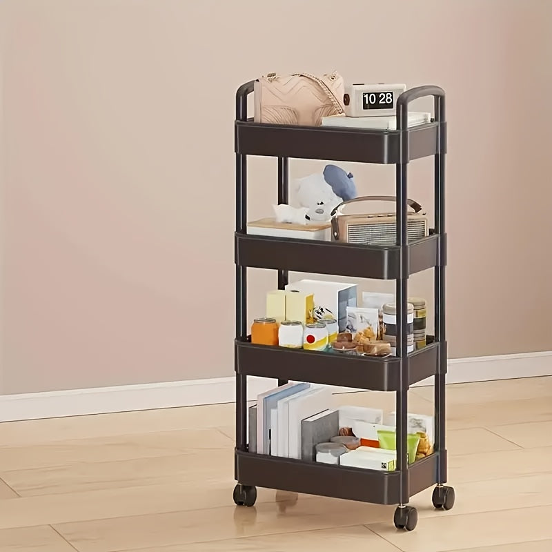 Four-Tier Rolling Cosmetics Storage Rack - Made of durable plastic, equipped with 360-degree swivel casters, strong load-bearing capacity - Suitable for bathroom, bedroom, kitchen, and home storage | BLACK