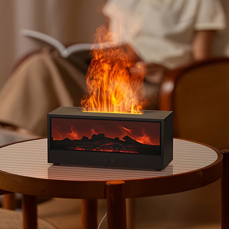 Aromatic Essential Oil Fireplace Diffuser Color Flame Diffuser Bonfire Fireplace Humidifier with Remote for Home and Office（black）