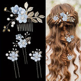 BLUE  4-Piece Elegant Light Luxury Pearl Flower Hair Accessories Set, Bridal Wedding Hairpin and Hairpin Headdress Set, Bridesmaid Gift Banquet Ornament Set for Women's Hairpin
