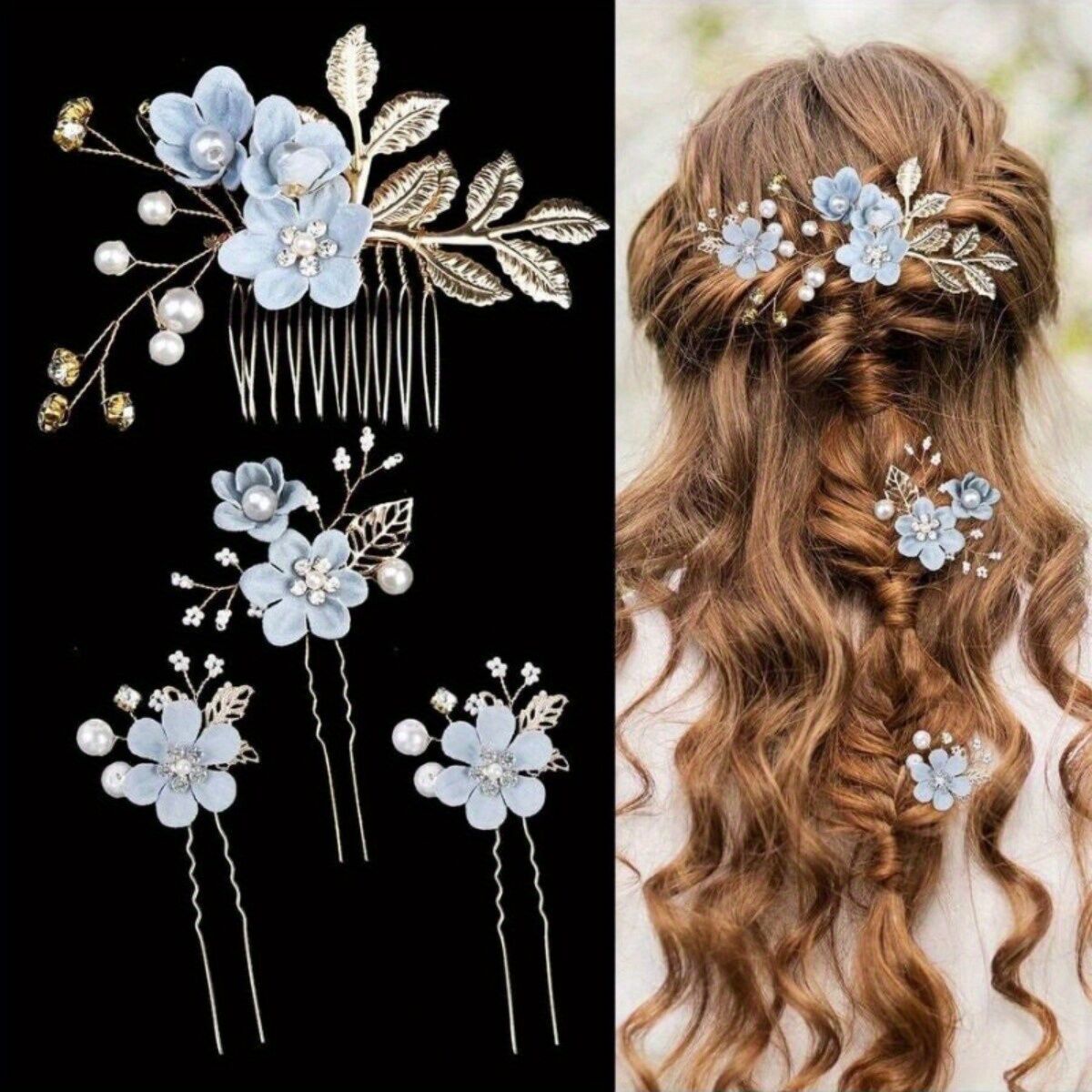 BLUE  4-Piece Elegant Light Luxury Pearl Flower Hair Accessories Set, Bridal Wedding Hairpin and Hairpin Headdress Set, Bridesmaid Gift Banquet Ornament Set for Women's Hairpin