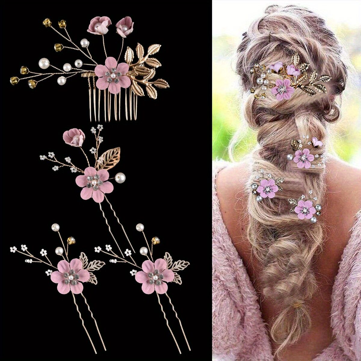 Purple 4-Piece Elegant Light Luxury Pearl Flower Hair Accessories Set, Bridal Wedding Hairpin and Hairpin Headdress Set, Bridesmaid Gift Banquet Ornament Set for Women's Hairpin