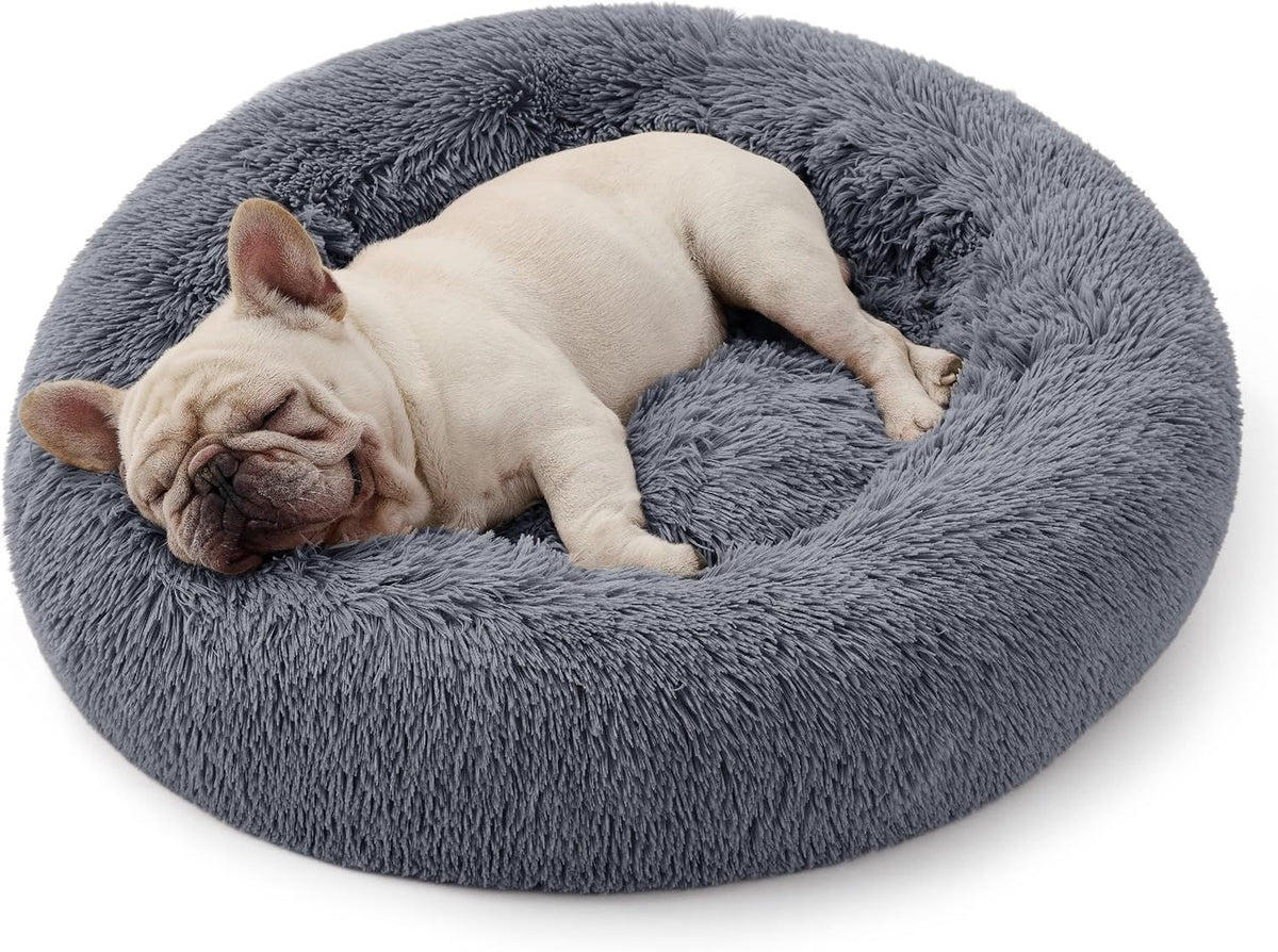 Calming Donut Cat Bed - Fluffy Plush Round Pet Bed, Suitable for Indoor Cats and Dogs, Washable Anxiety-Relief Soft Comfortable Hug Blanket, 27x27 inches, Gray (Basic Version)