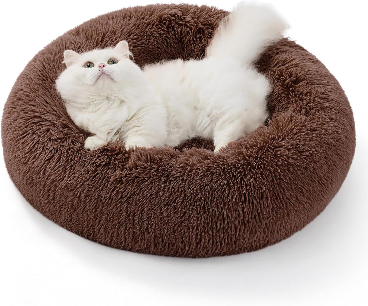 Soothing Donut Cat Bed - Fluffy Plush Round Pet Bed, Suitable for Kittens and Dogs, Washable, Anxiety-Free, Soft, Comfortable Hug, 50.8 x 50.8 cm, Brown (Basic Edition)
