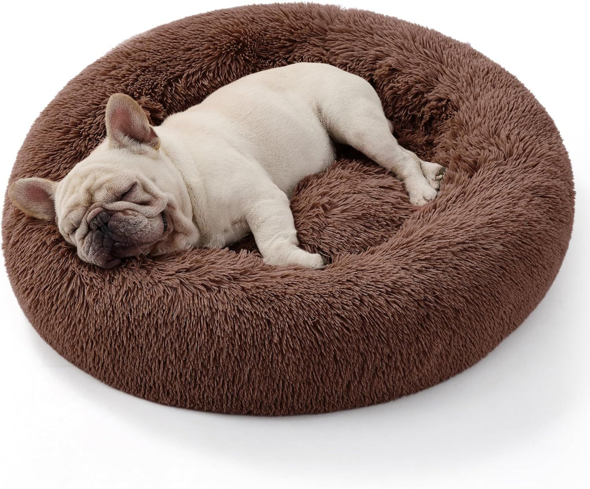 Calming Donut Cat Bed - Fluffy Plush Round Pet Bed, Suitable for Indoor Cats and Small Dogs, Washable, Anxiety-Free, Soft, Comfortable Hug, 27x27 inches, Brown (Basic Version)