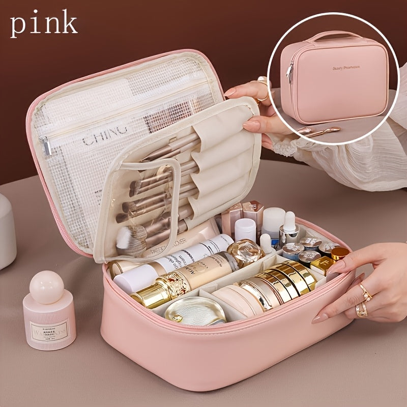 High-capacity multi-layer travel makeup organizer, featuring removable compartments and a brush holder—a portable beauty case, elegantly painted storage box, designed as a standalone unit, no assembly required.（pink）