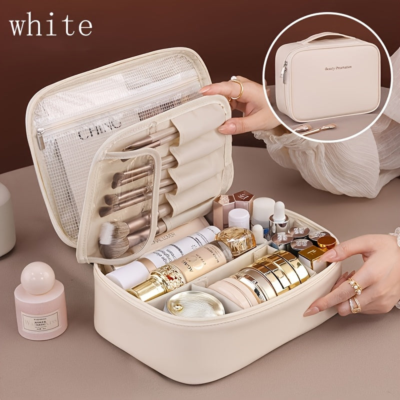 High-capacity multi-layer travel makeup organizer, featuring removable compartments and a brush holder—a portable beauty case, elegantly painted storage box, designed as a standalone unit, no assembly required.（WHITE）