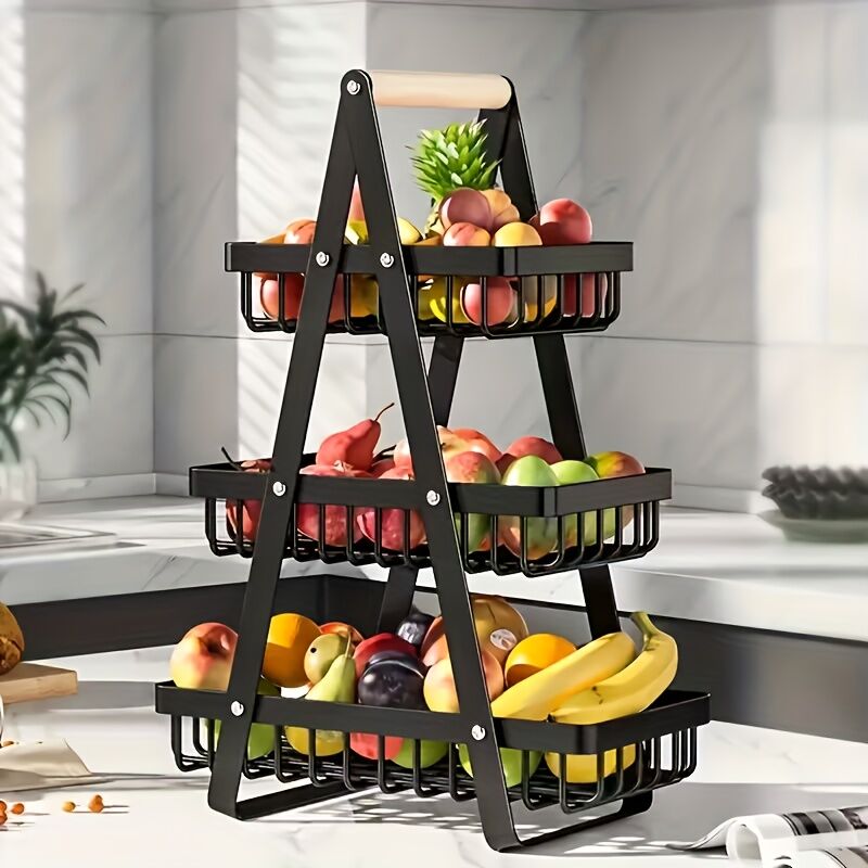 Heavy-Duty Metal Fruit Storage Basket (3-Layer Removable Divider) – Space-Saving Organizer for Kitchen, Refrigerator, Pantry & Dining Table – Sturdy Rectangular Design, Modern Kitchenware | Durable Structure
