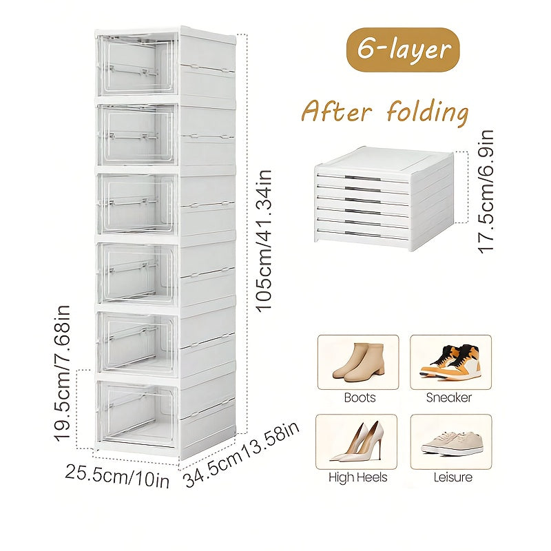 6-Tier Stackable Shoe Storage Box Set, featuring easy-access front-opening waterproof transparent plastic storage bins with no assembly required - perfect for closets and entryways.